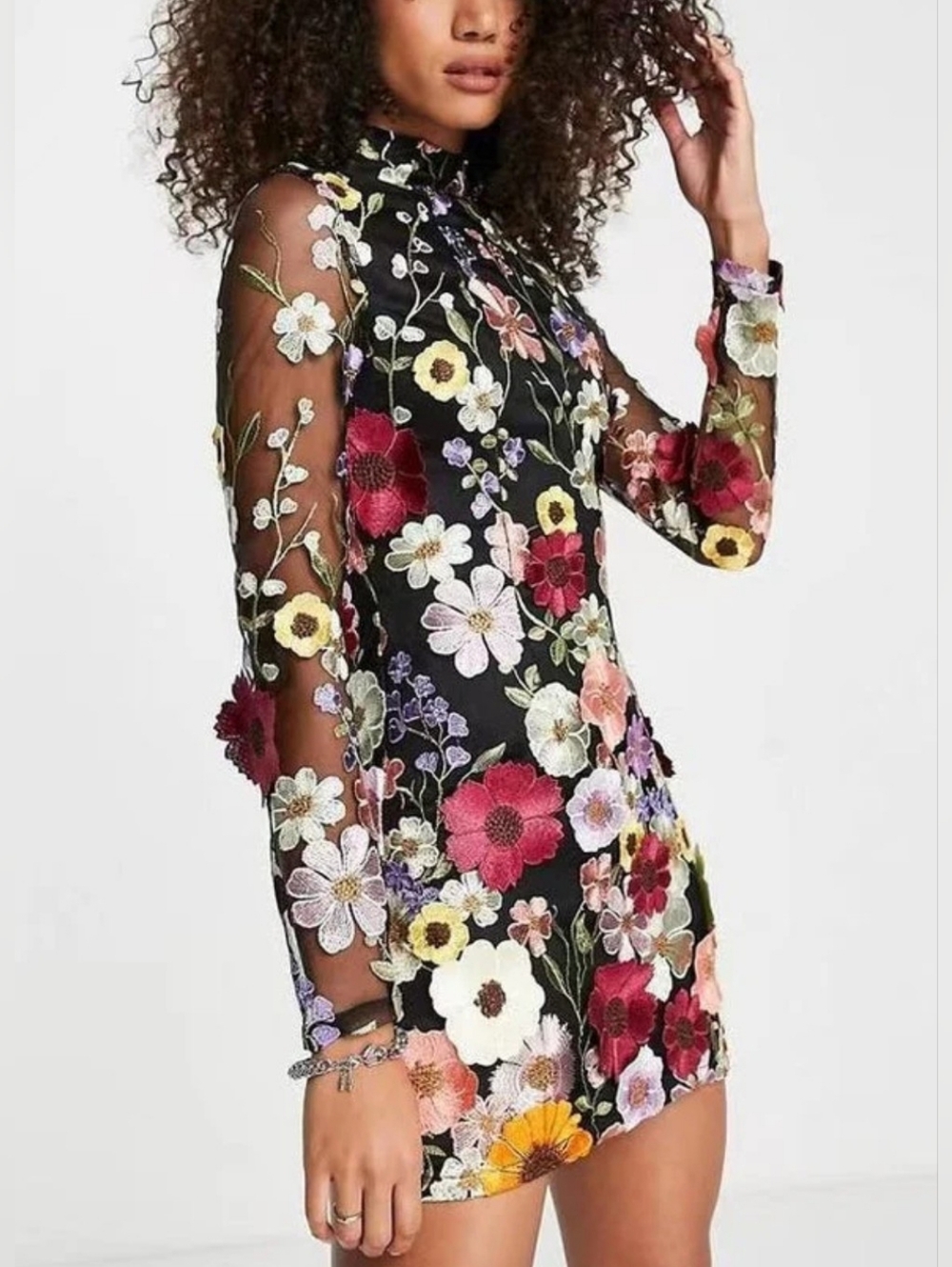 AmyLynn backless mini Floral dress in black based floral embroidery Size M